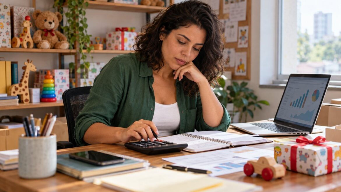 Empreendedora conferindo custos da campanha com calculadora e caderno