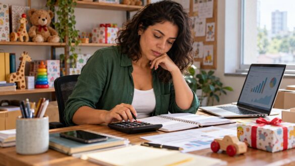 Empreendedora conferindo custos da campanha com calculadora e caderno
