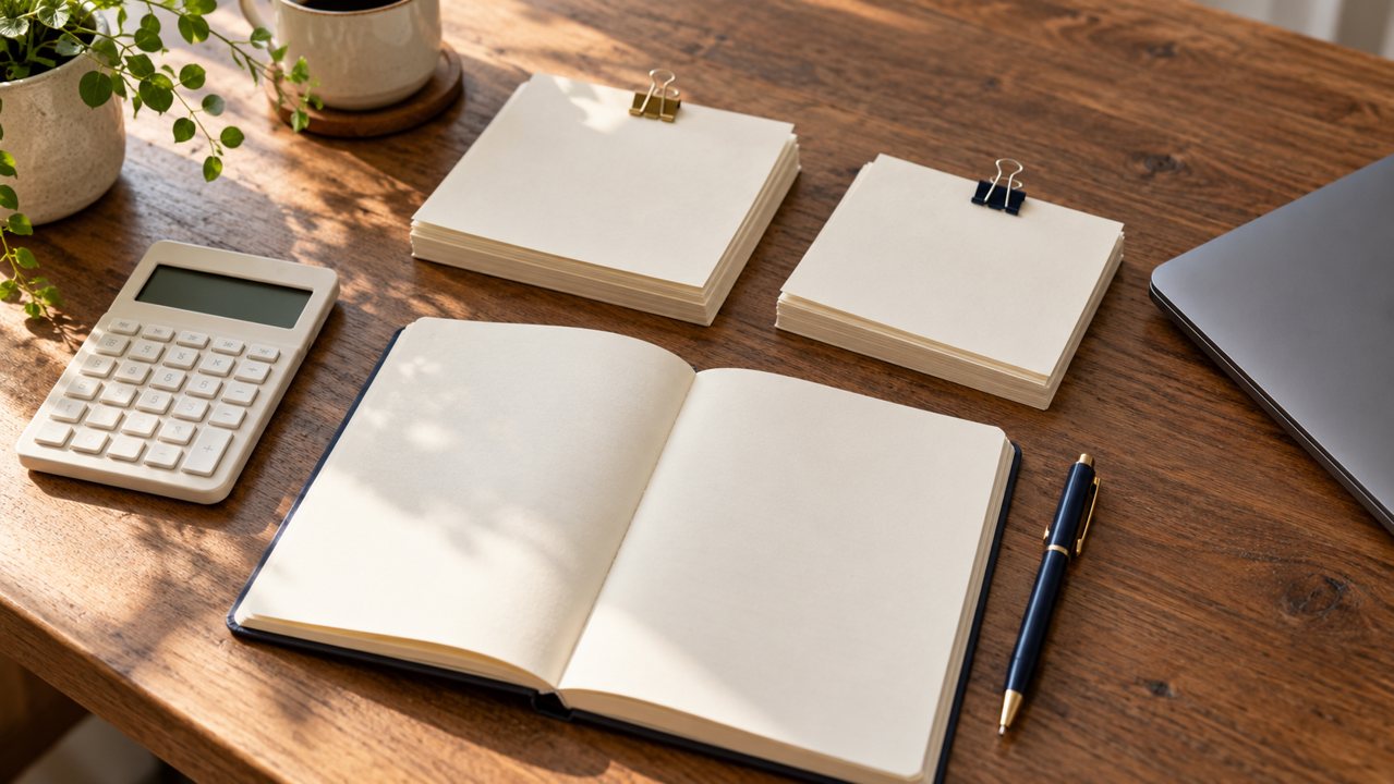 Caderno, calculadora e documentos organizados sobre uma mesa para conferência financeira
