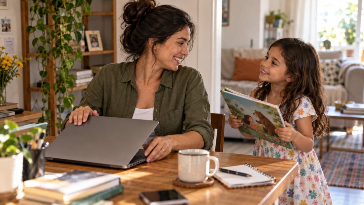 Mãe fechando o computador e conversando com a filha que segura um livro infantil