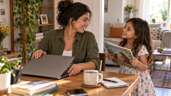 Mãe fechando o computador e conversando com a filha que segura um livro infantil