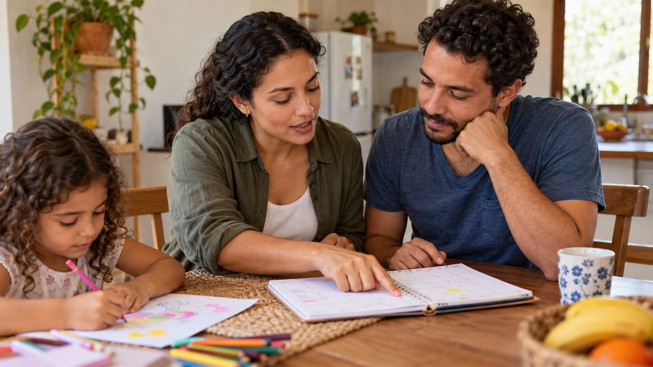 Casal organizando a agenda enquanto a filha desenha à mesa
