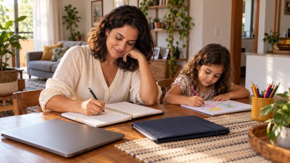Mãe escreve em uma agenda enquanto a filha desenha ao seu lado.