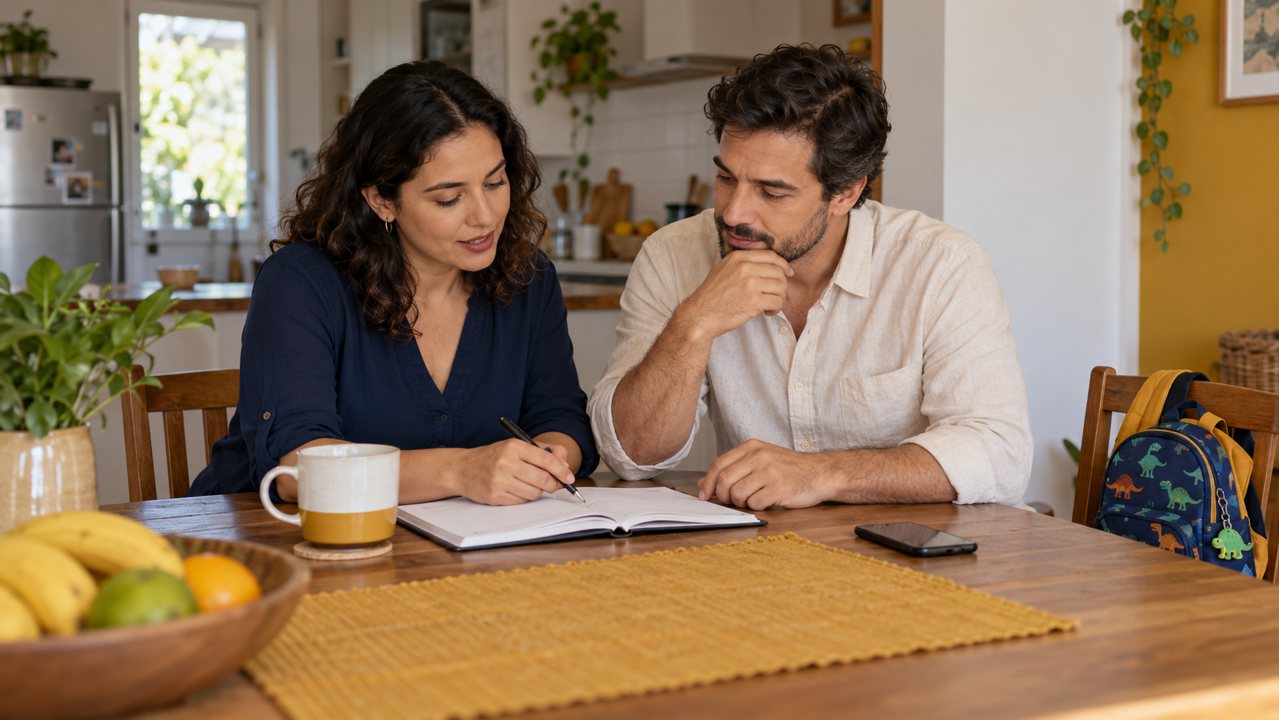 Casal conversa sobre o planejamento da semana com um caderno aberto na mesa.