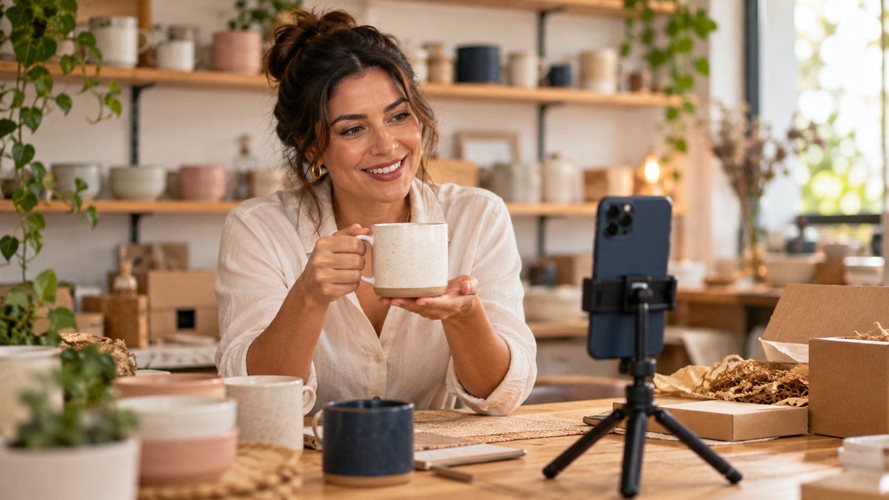Cena ilustrativa de empreendedora demonstrando uma caneca diante de um celular em um pequeno ateliê