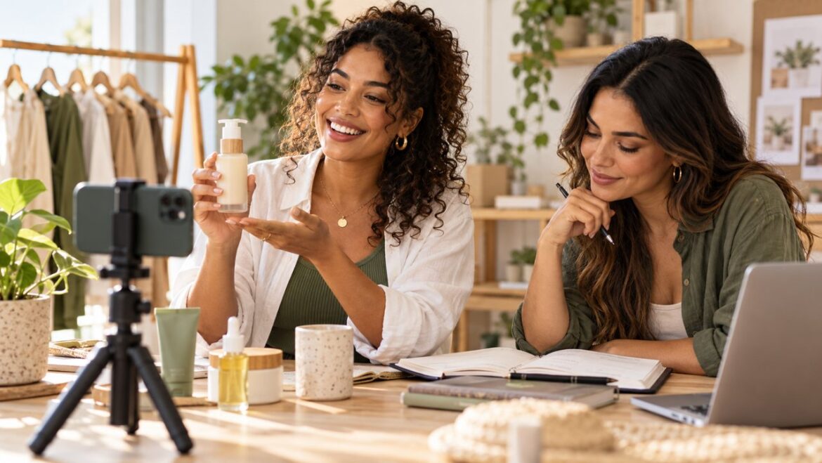 Criadora de conteúdo e empreendedora preparando uma apresentação de produto para uma parceria