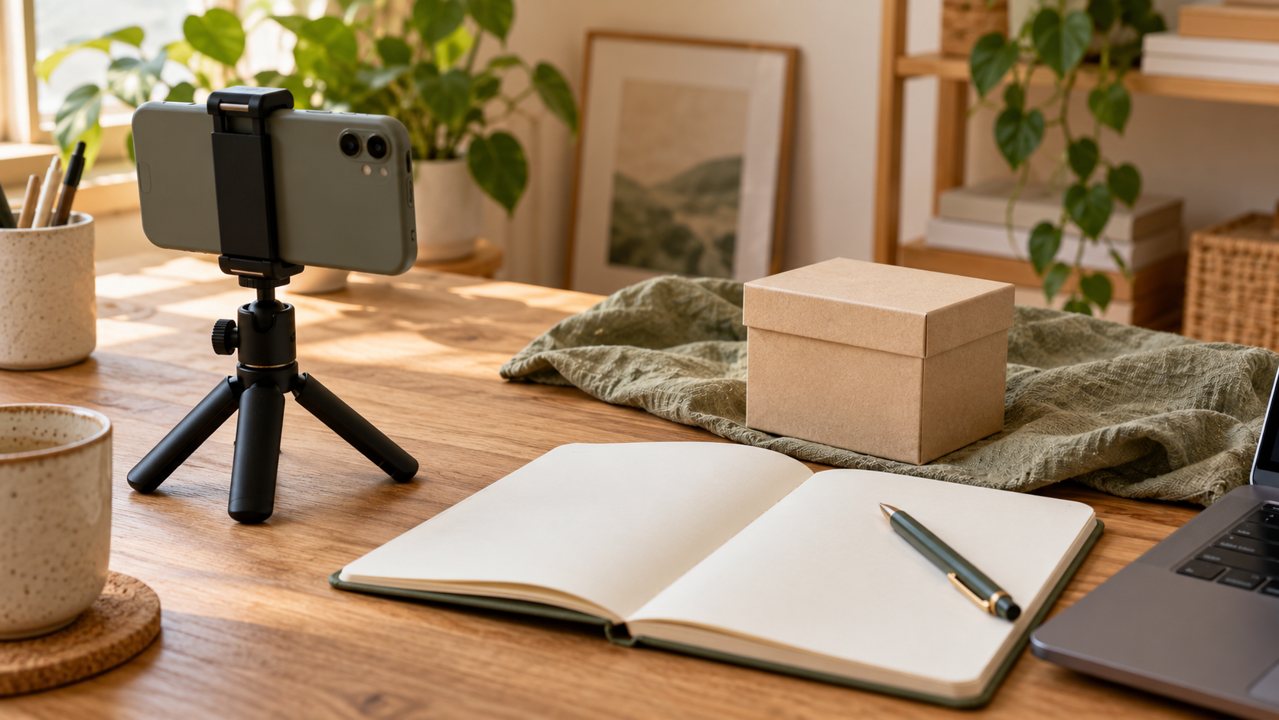 Celular em tripé, caderno e caixa de produto em uma mesa de planejamento de conteúdo