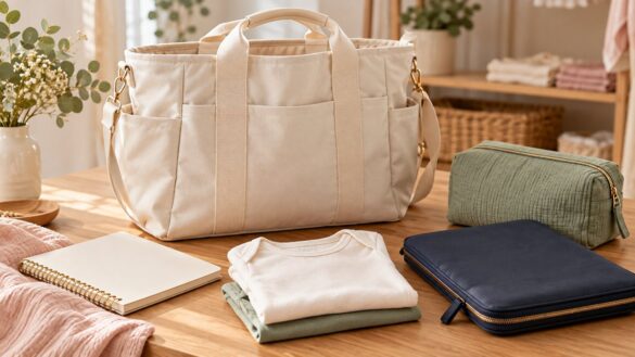 Composição ilustrativa com bolsa, porta-documentos e roupas de bebê em uma mesa de loja