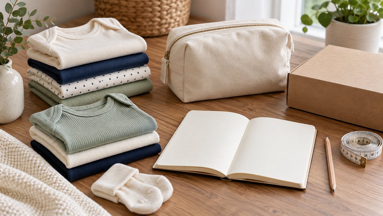 Roupas de bebê, nécessaire, caderno e caixa sobre uma mesa de planejamento de catálogo