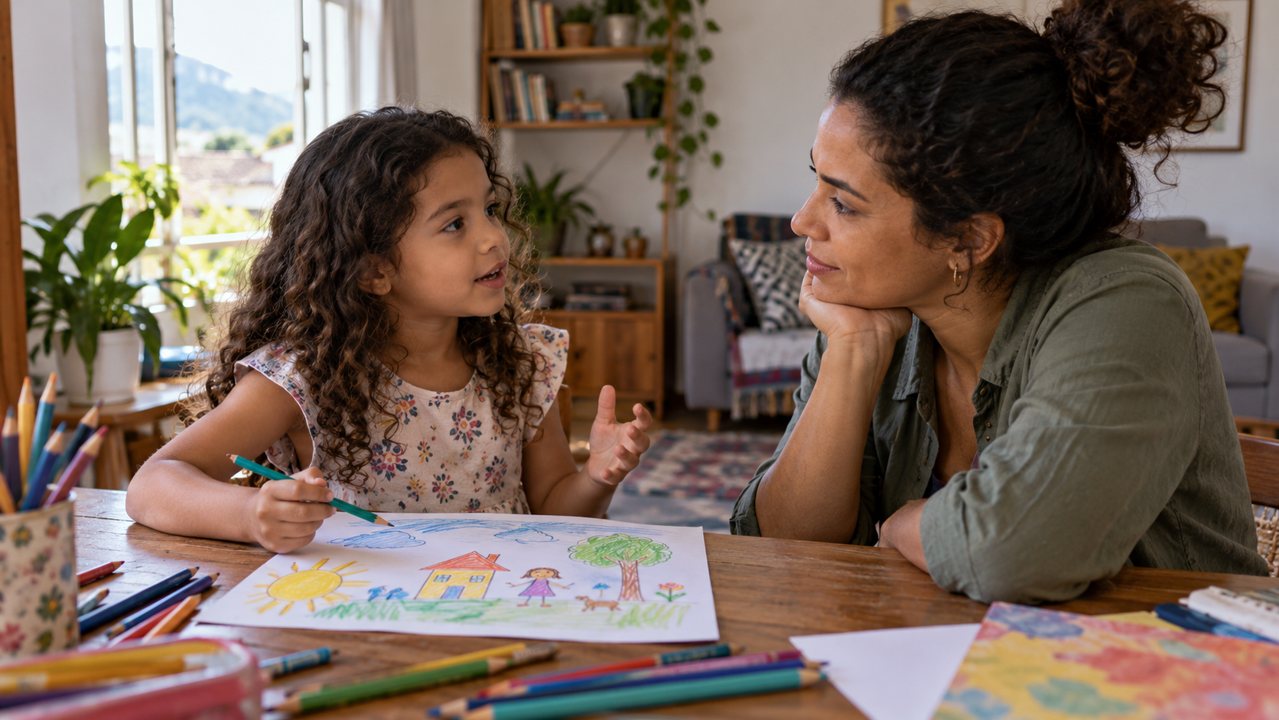 Mãe ouvindo a filha explicar um desenho à mesa