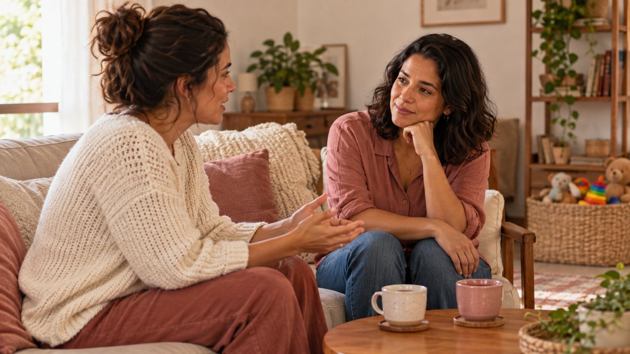Duas mulheres conversando em uma sala, com canecas sobre a mesa.