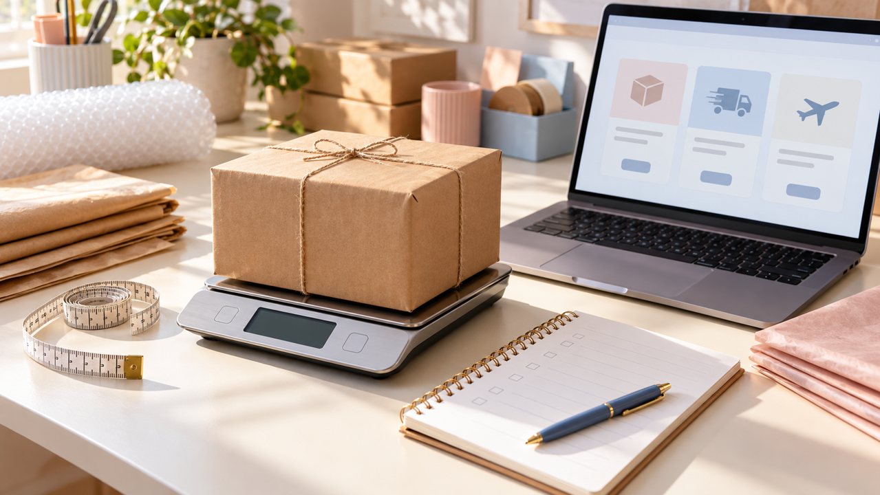 Pacote sobre balança ao lado de fita métrica, checklist e notebook com interface ilustrativa de fretes