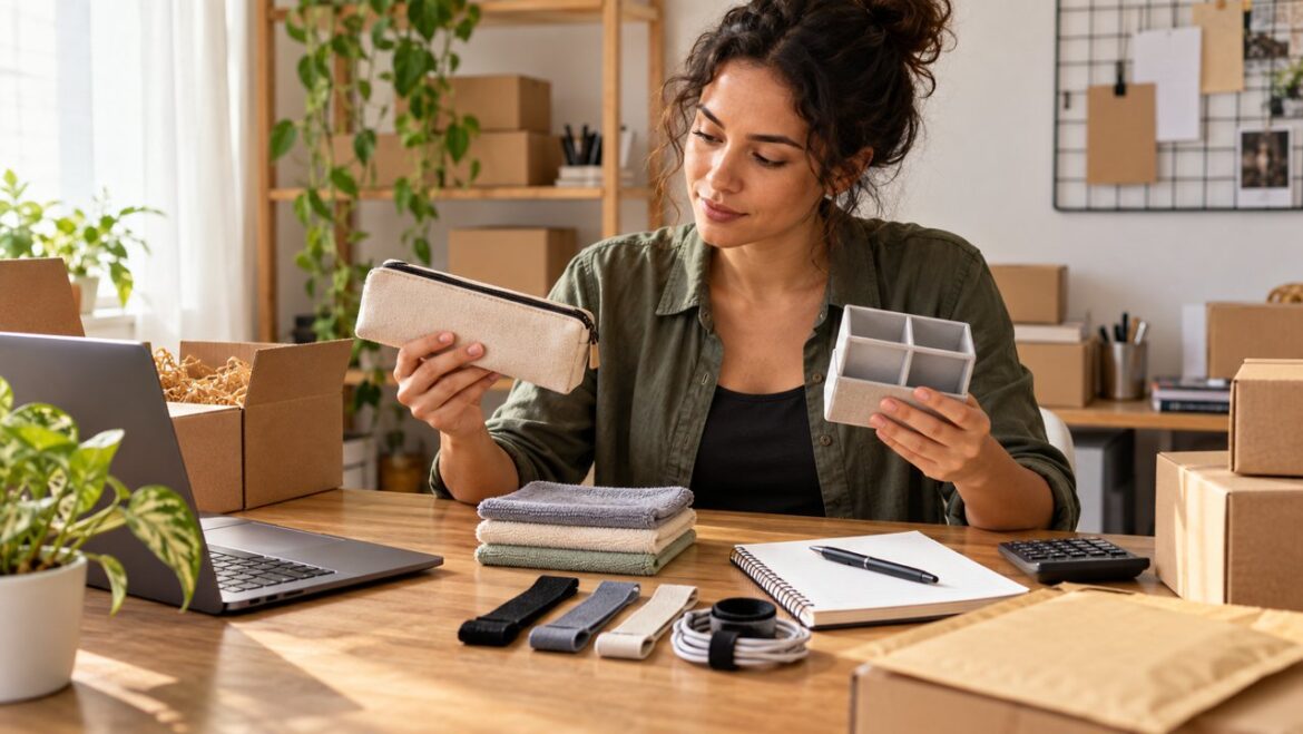 Empreendedora comparando produtos compactos em uma mesa de trabalho
