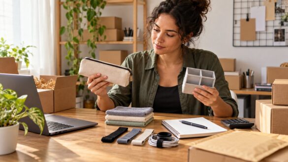 Empreendedora comparando produtos compactos em uma mesa de trabalho