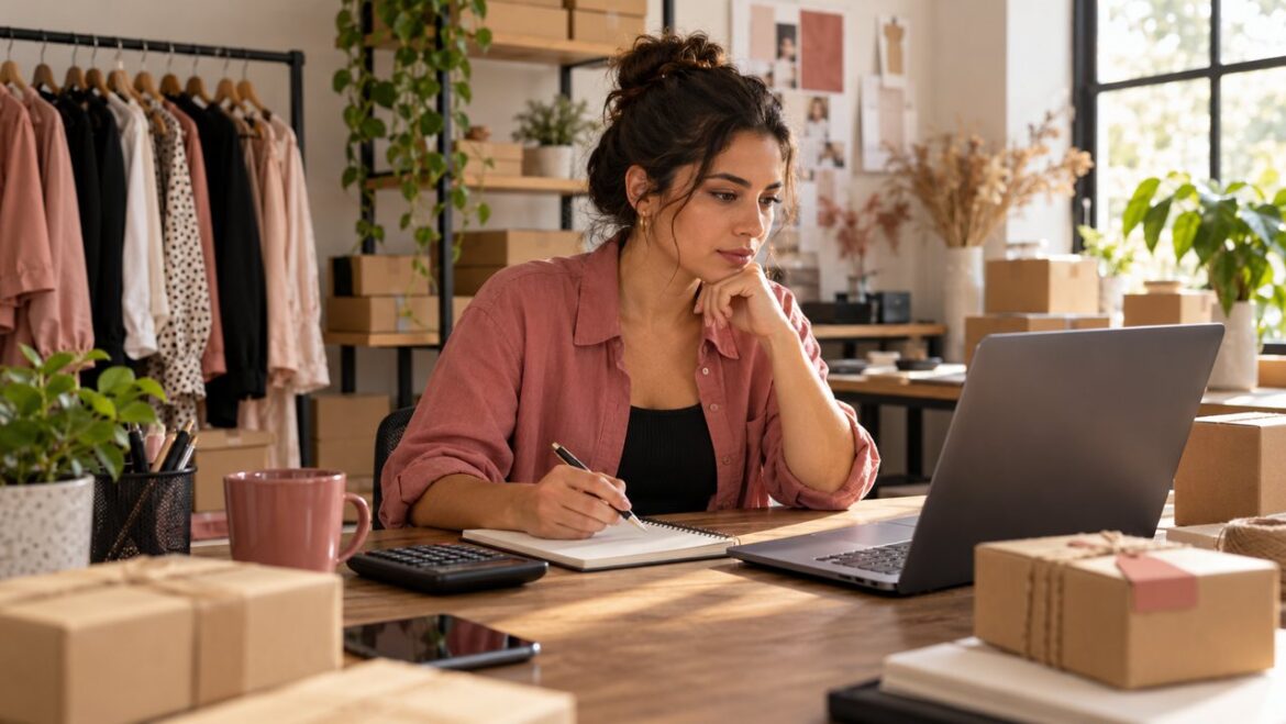 Empreendedora analisa informações no computador e faz anotações ao lado de uma calculadora.