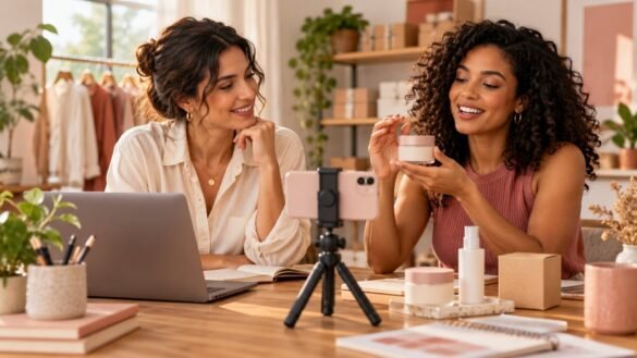 Empreendedora e criadora apresentam produto diante de celular