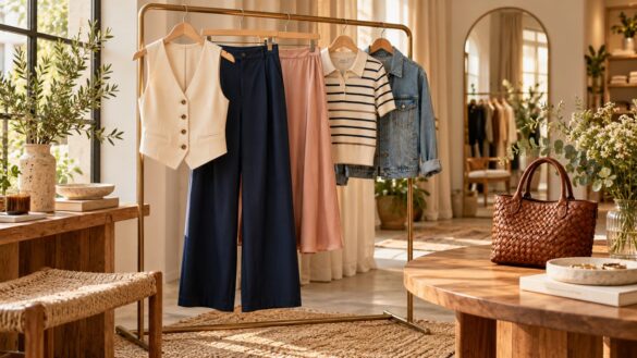 Arara com peças de moda feminina e bolsa em uma boutique ilustrativa