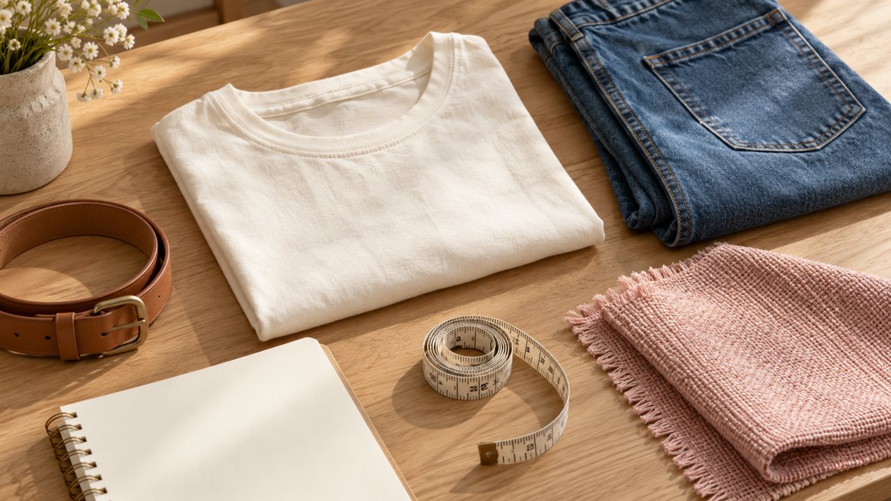 Camiseta, jeans, tecido, cinto e caderno sobre uma mesa de planejamento de coleção