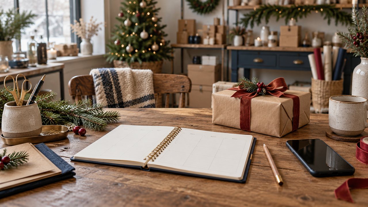 Agenda aberta, celular e presente embalado sobre uma mesa de trabalho com decoração natalina.