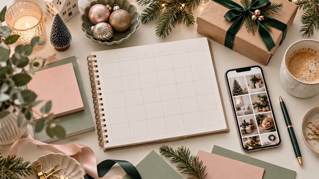 Calendário de conteúdo, celular com referências natalinas e caixa de presente com laço verde