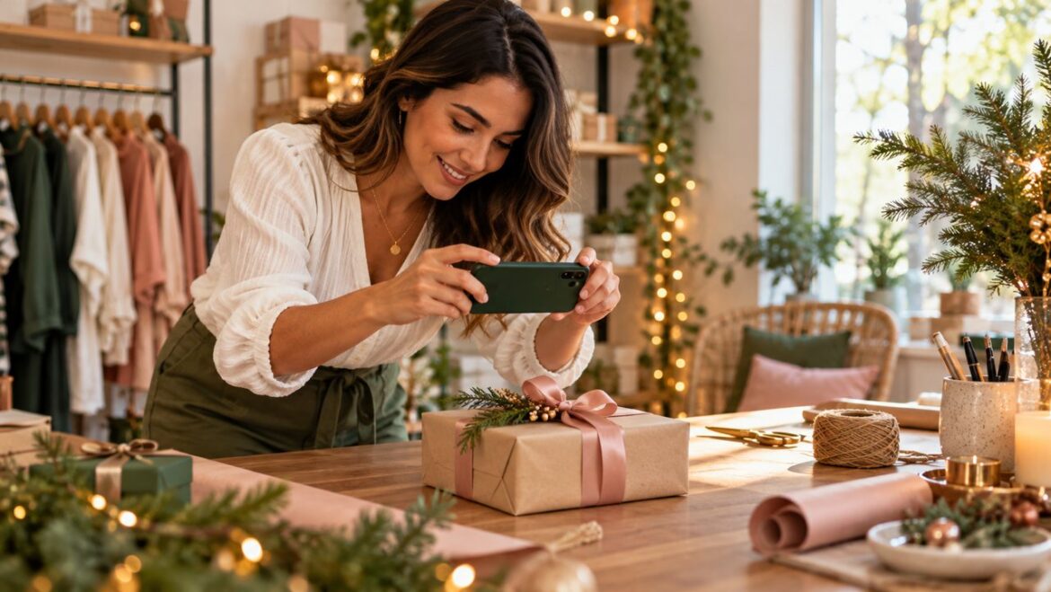 Empreendedora fotografa uma embalagem de presente para a campanha de Natal da loja