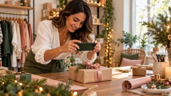 Empreendedora fotografa uma embalagem de presente para a campanha de Natal da loja