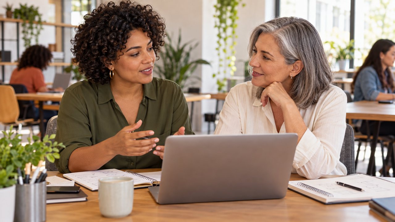 Duas empreendedoras conversando sobre colaboração profissional