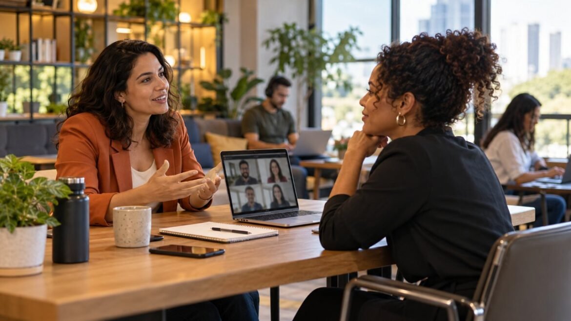 Duas profissionais conversando em um coworking com um notebook exibindo uma chamada ilustrativa.