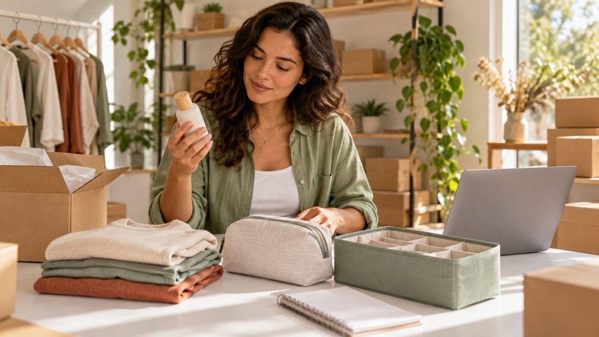 Empreendedora avaliando produtos de diferentes categorias em uma mesa de e-commerce.