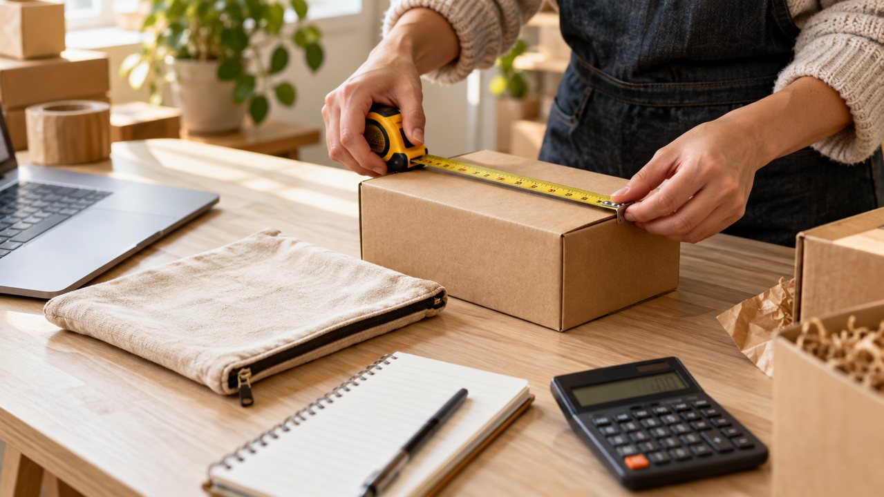 Mãos medindo uma caixa de envio ao lado de produto, caderno e calculadora.