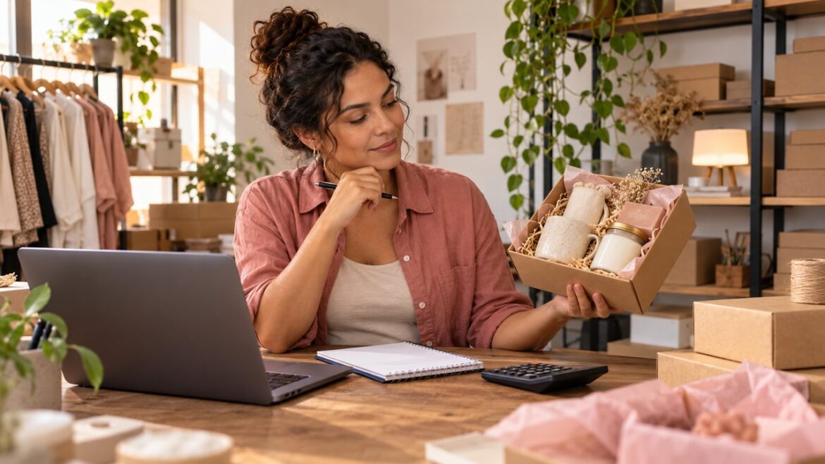 Empreendedora avalia um kit de produtos ao lado de caderno, computador e calculadora.