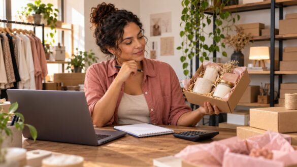Empreendedora avalia um kit de produtos ao lado de caderno, computador e calculadora.