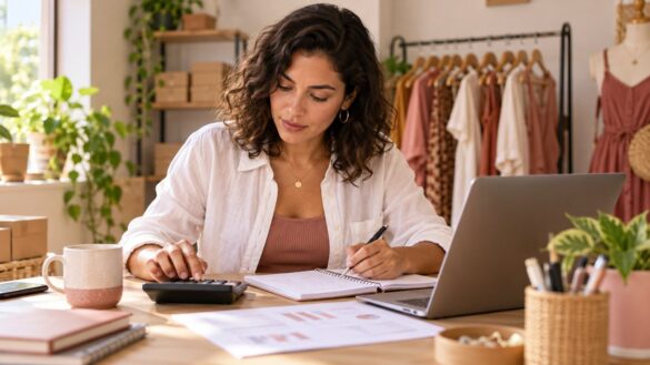 Empreendedora usando calculadora e caderno para planejar o orçamento de divulgação