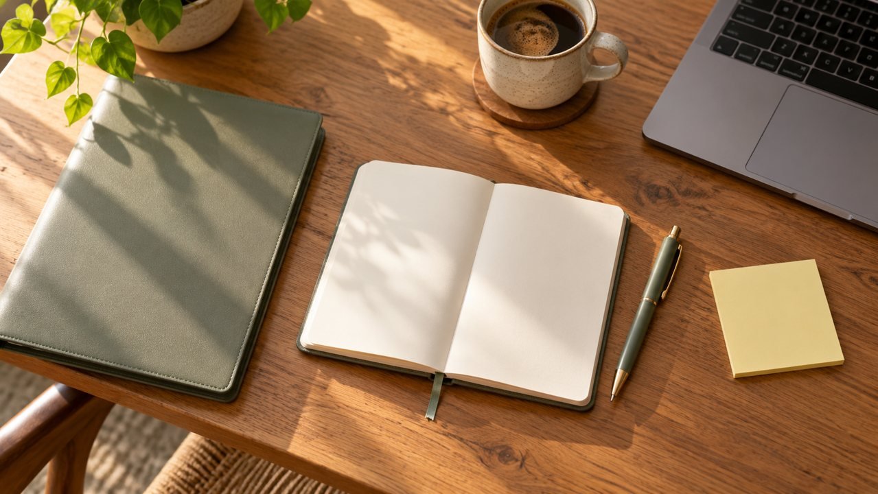 Caderno aberto, pasta, caneta e nota adesiva em uma mesa ao lado de notebook.