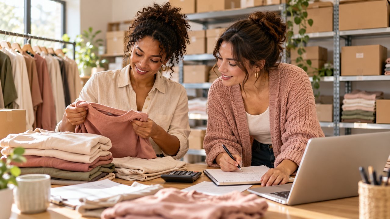 Duas empreendedoras conferem roupas e registros de estoque