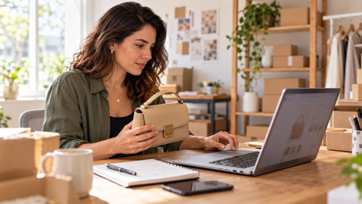 Empreendedora comparando uma bolsa com as informações de um produto no notebook.