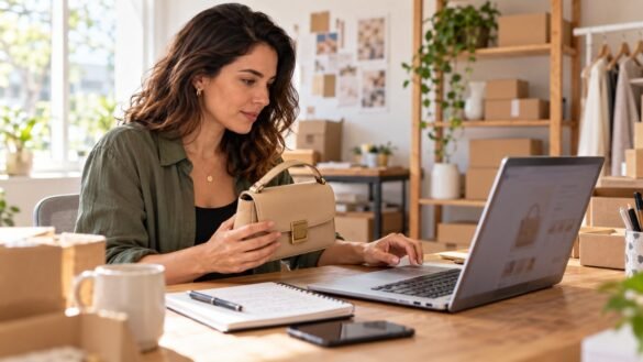Empreendedora comparando uma bolsa com as informações de um produto no notebook.