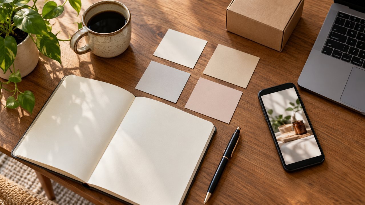 Caderno, cartões de planejamento, celular e notebook sobre mesa de trabalho.