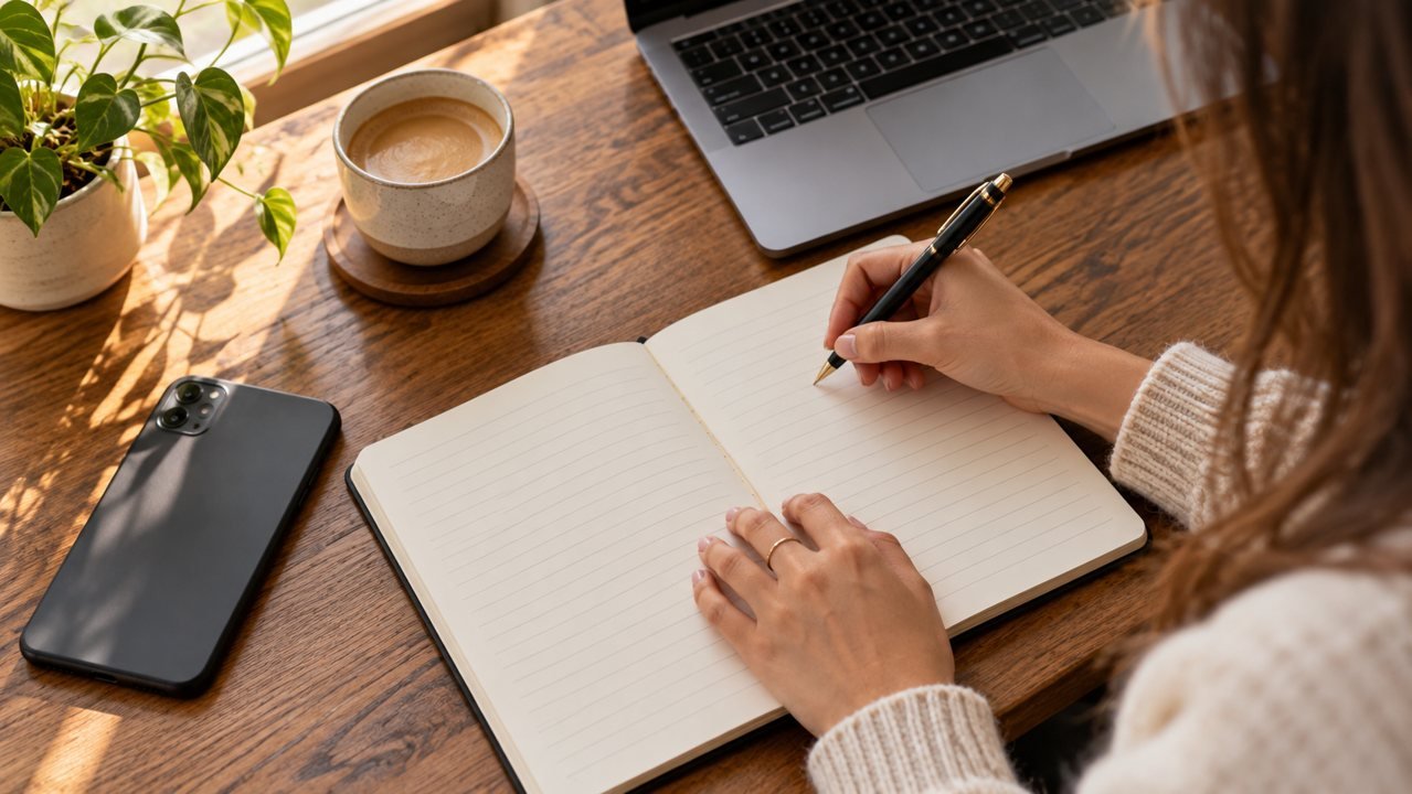 Mulher prepara anotações em um caderno ao lado de celular e computador sobre uma mesa.