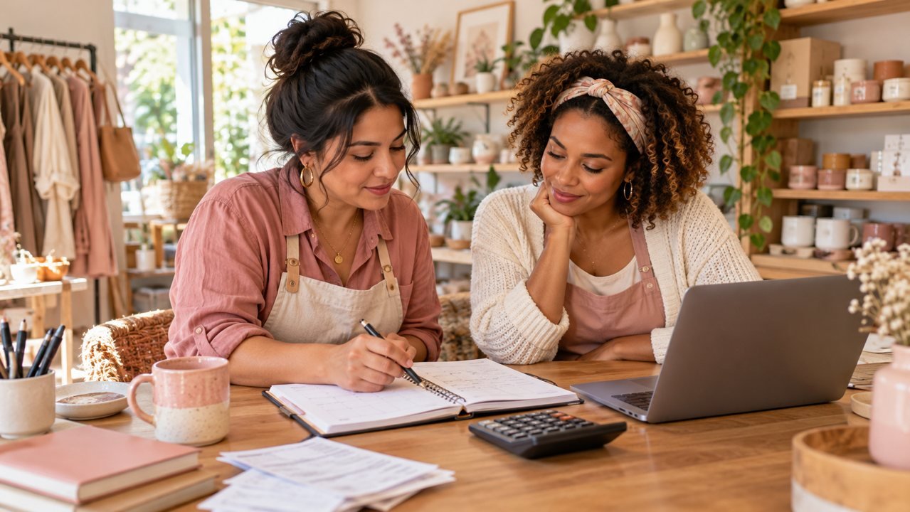 Duas empreendedoras revisam calendário e pagamentos da empresa