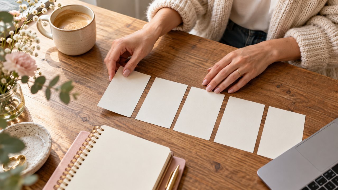 Mãos organizam cinco cartões de papel em uma mesa com caderno, computador e caneca.