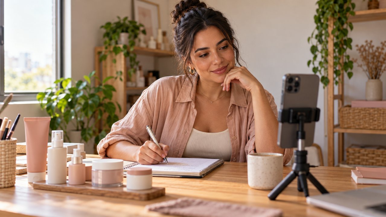 Empreendedora organizando conteúdo com celular e caderno em uma mesa de trabalho