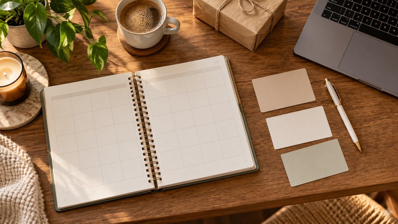 Calendário aberto com três cartões de planejamento ao lado de notebook e materiais de trabalho.