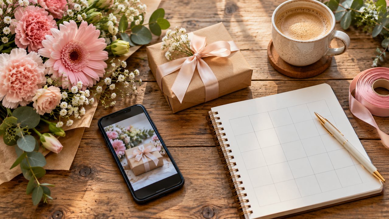 Presente, flores, celular e caderno sobre mesa para planejar conteúdos da campanha.