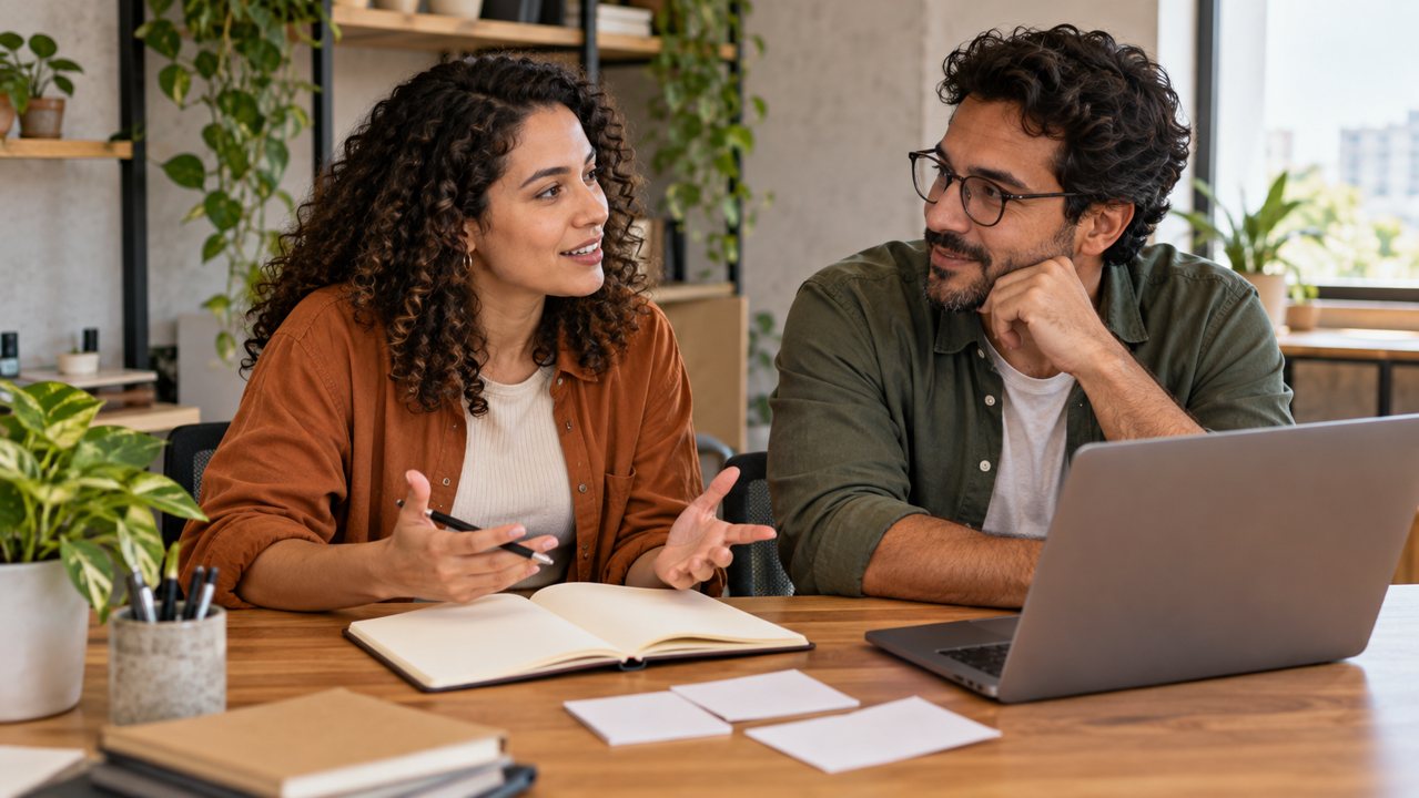 Duas pessoas conversam sobre um planejamento à mesa, com caderno e computador.