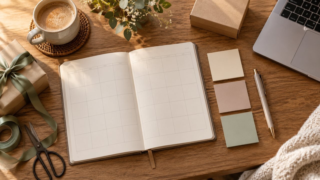 Calendário aberto com notas adesivas, caneta e materiais de embalagem sobre uma mesa.