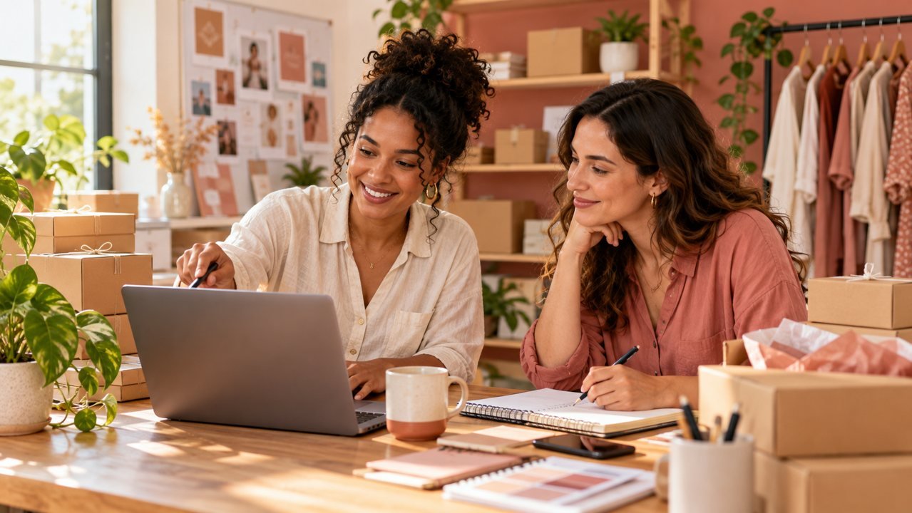 Duas empreendedoras planejam uma campanha em computador e caderno