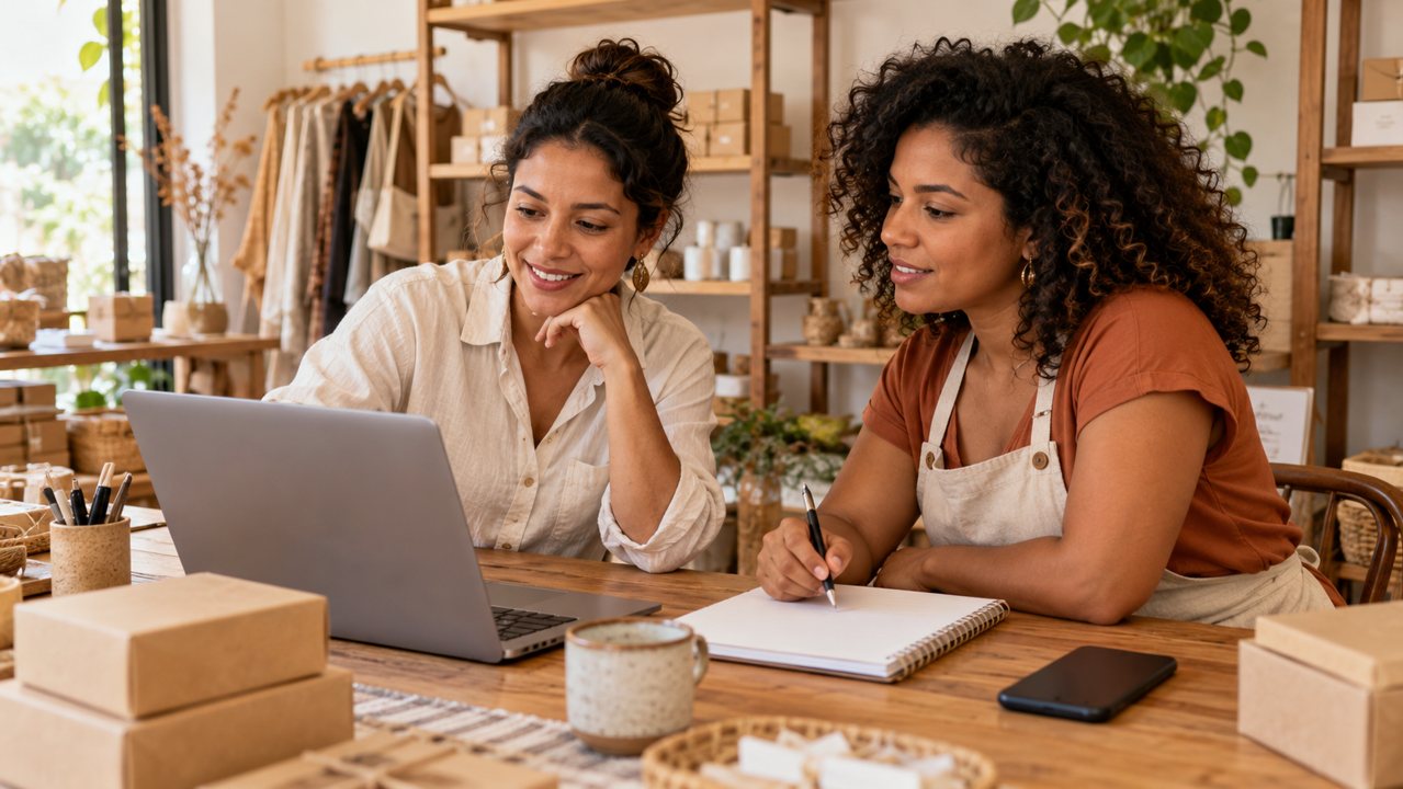 Duas empreendedoras revisam um planejamento no computador e no caderno, ao lado de caixas de produtos.