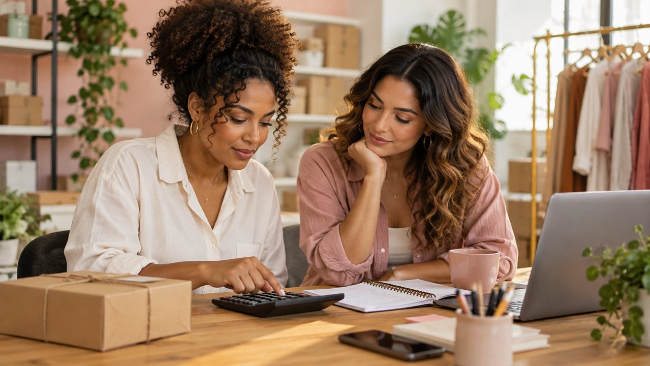 Duas empreendedoras analisam números com calculadora e caderno