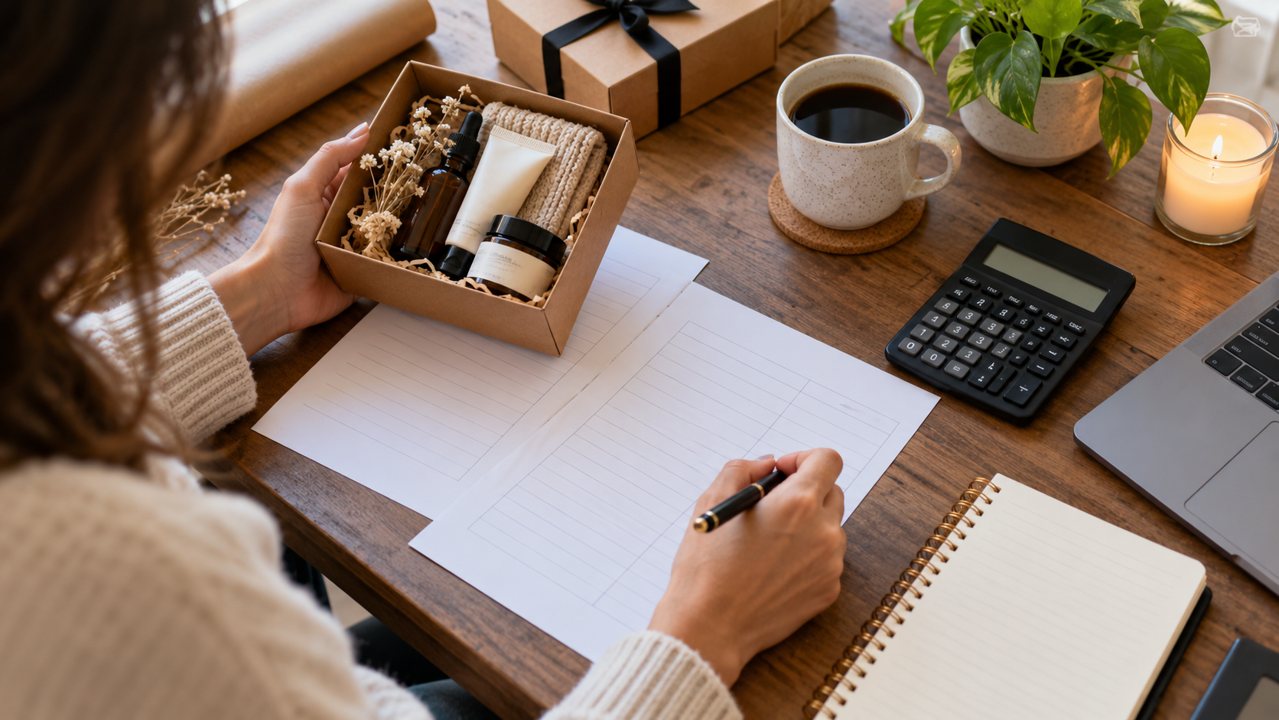 Empreendedora analisa um kit de produtos sobre a mesa, junto de calculadora e folhas de planejamento.